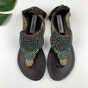 Steve Madden Pharroh Sandals Beaded Brown Leather Thong Flats Boho Women's 6.5